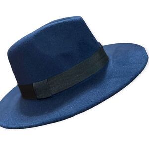 Navy Blue Stiff Wide Brim Teardrop Crown Black Hat Band Panama Fedora Hat NEW